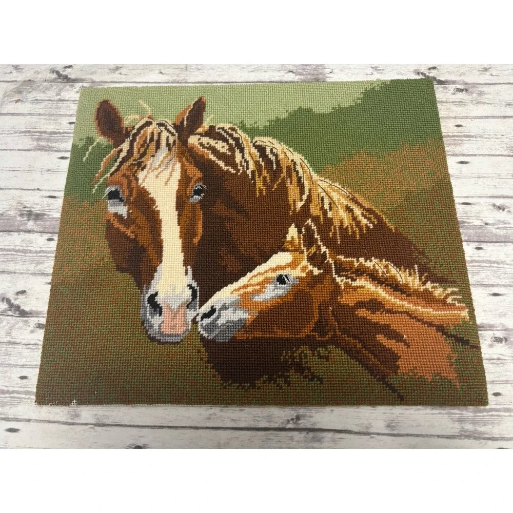 Vintage 80s Handmade Needlepoint Unframed Wall Art Wild Horses 12x14